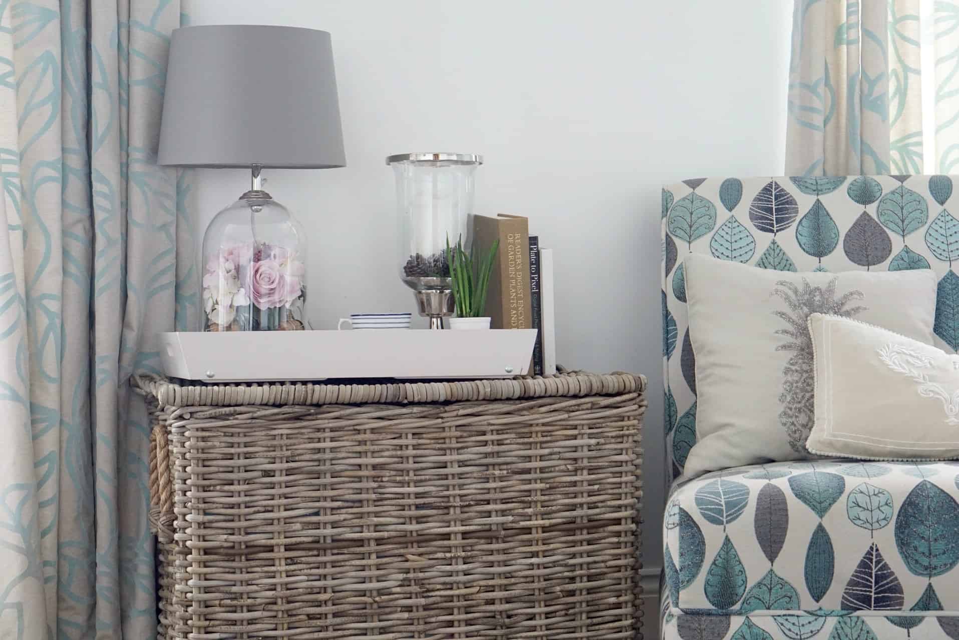 Using a wicker basket as a side table