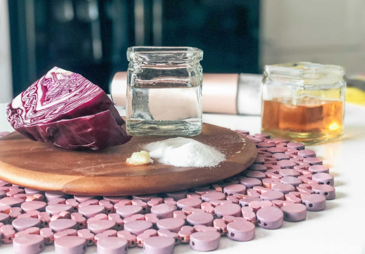 you will need Half a red cabbage ( Use the other half to make a batch of my SLIMMING WORLD RED CABBAGE.)
3 sealable pickle jars
200 ml White Cider Vinegar
1 tbsp spoon of sugar
200 ml Water
A clove of garlic
1 tsp salt
1 tsp peppe