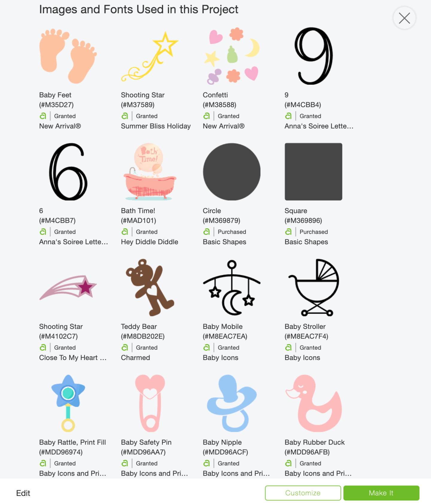 Images used in Cricut Design Space to create a Baby Alphabet and numbers