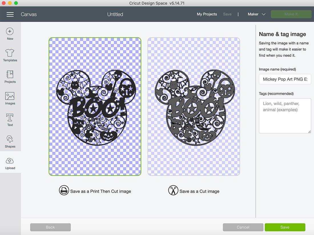 Now choose between either print and cut or cut file