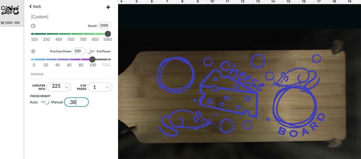 Settings for a bamboo board in glowforge