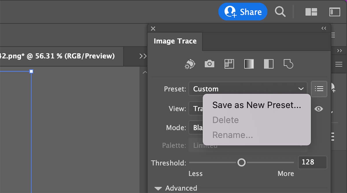 Click on the 3 bars next to the custom setting