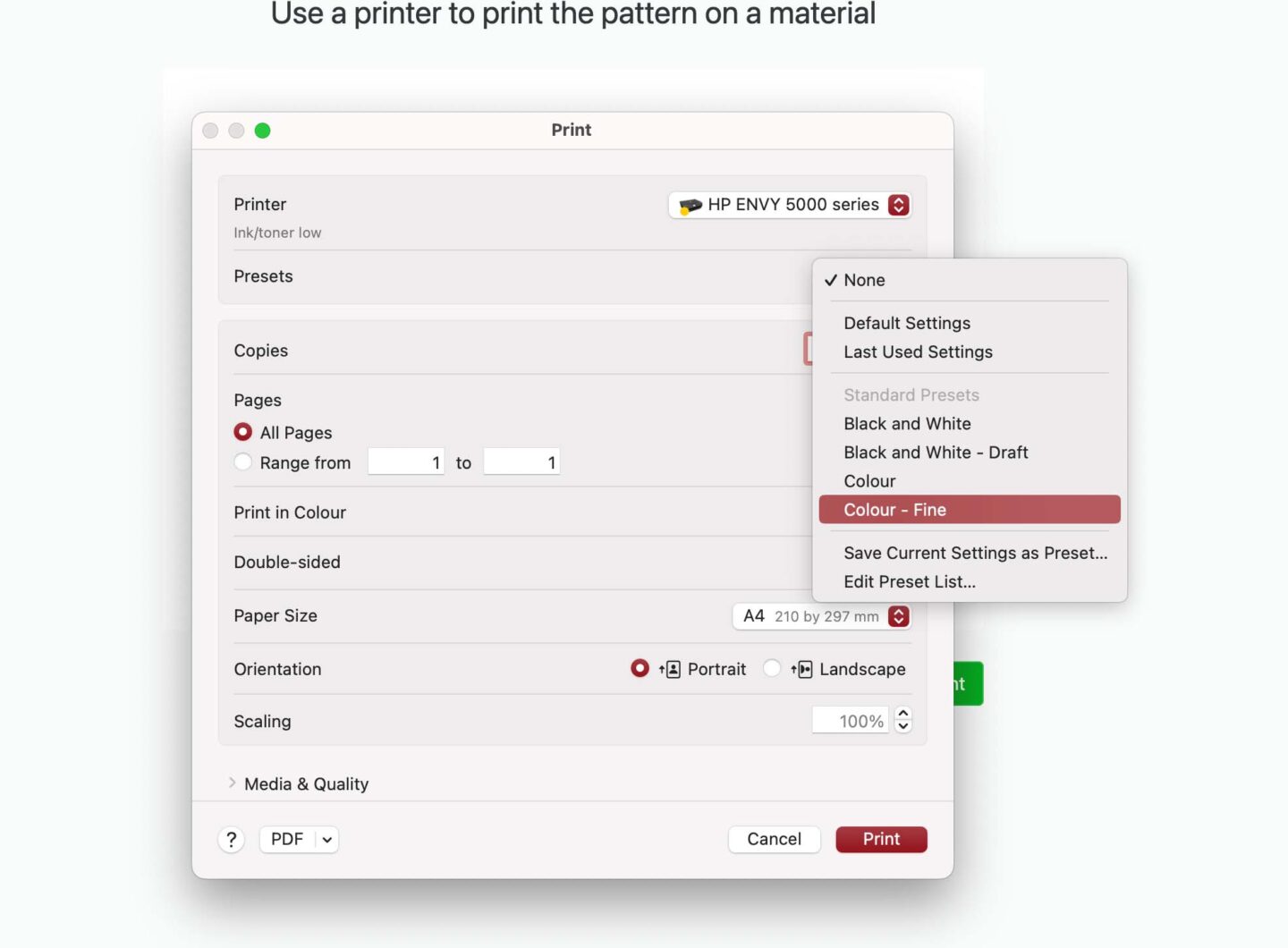Set the printer settings to fine to print and cut on XTool