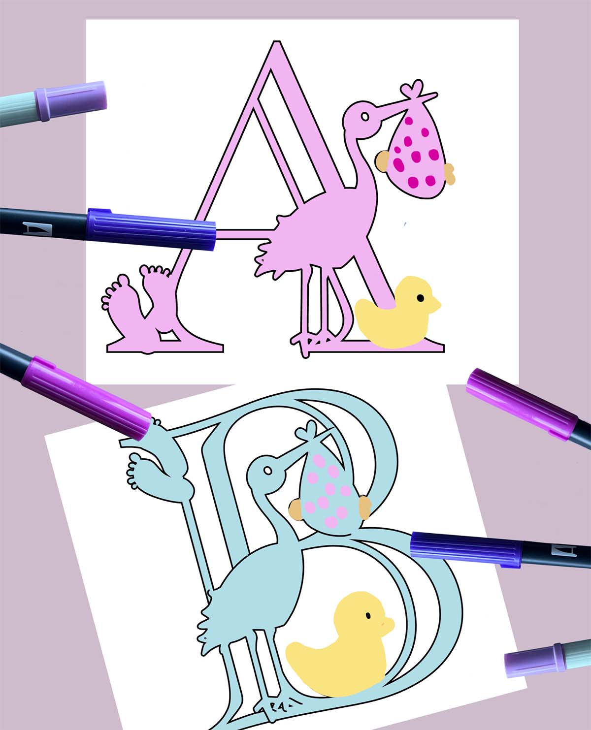 Free Printable Baby Stork Alphabet Letters & Numbers