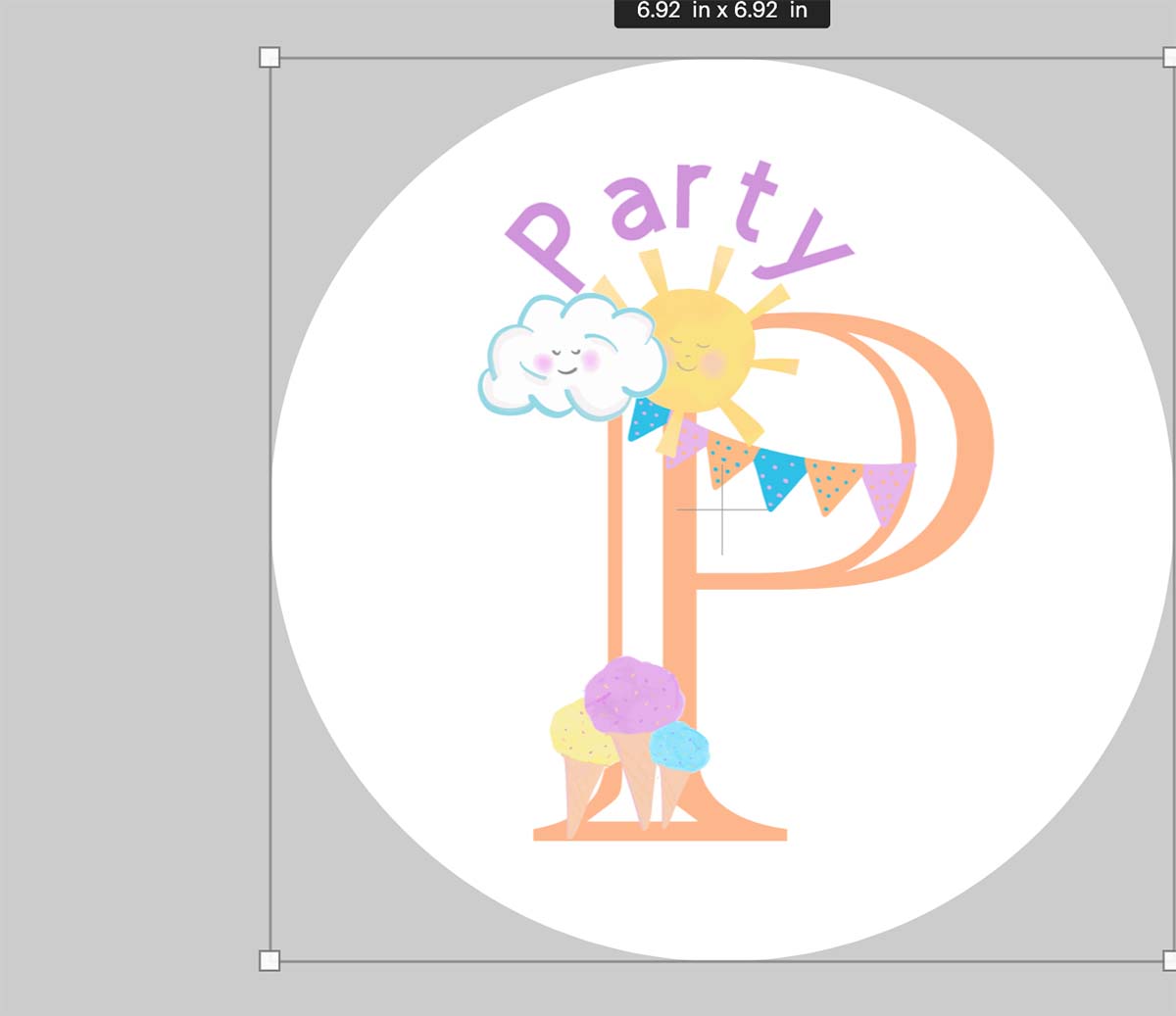 Type party and use the curve tool to curve the text