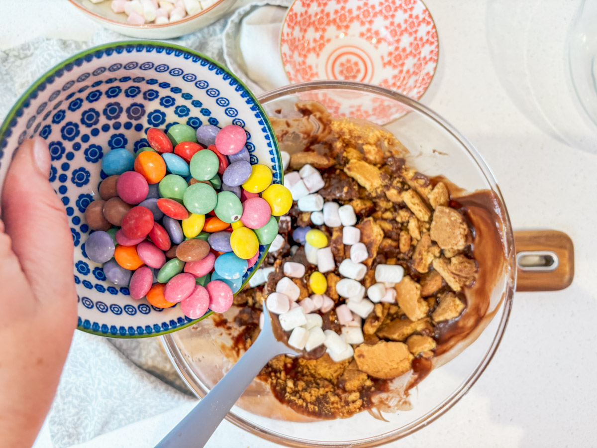 Add the smarties and marshmallow