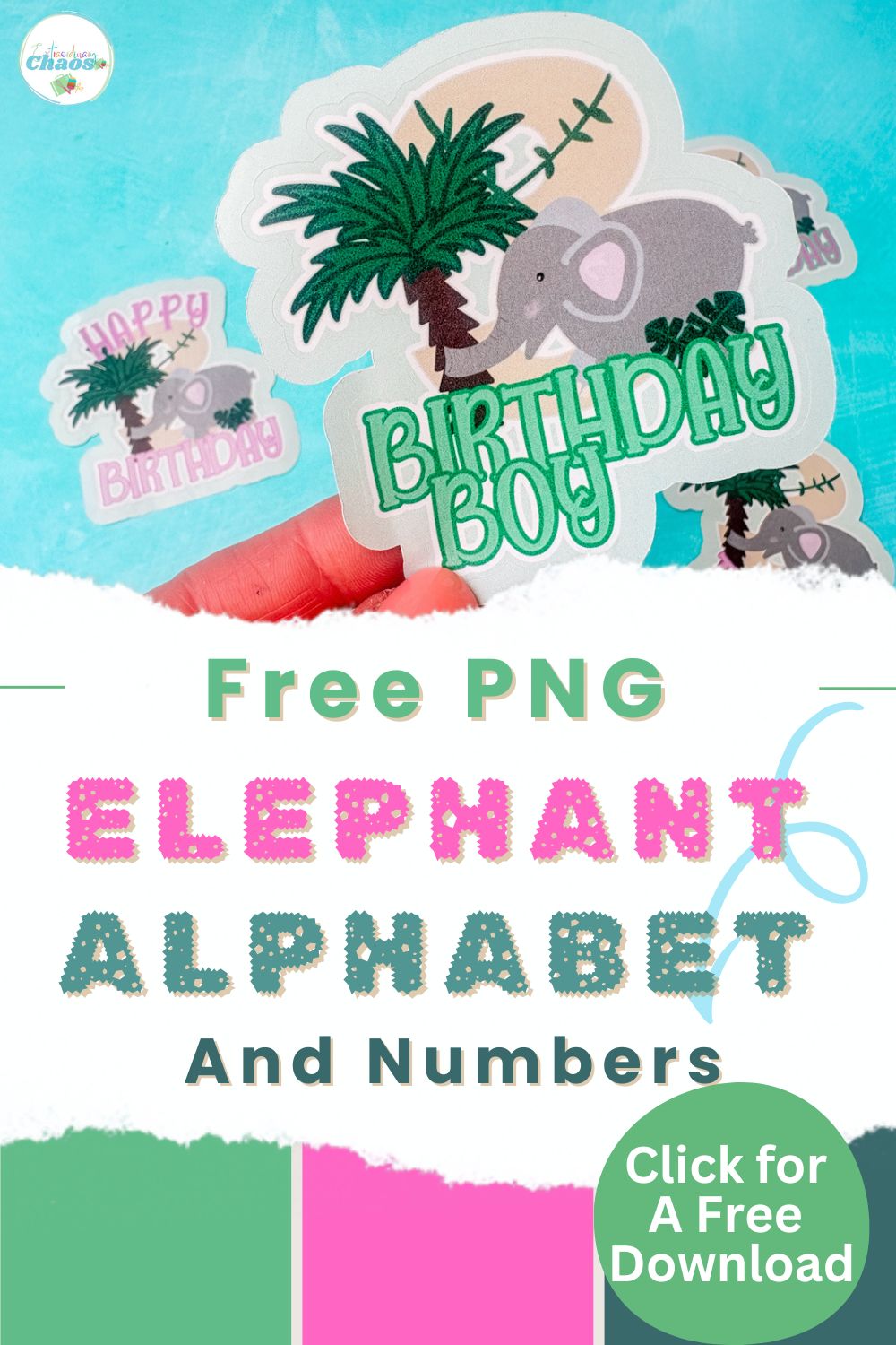 Free printable png Elephant Alphabet and Number set for jungle themed crafts and party decoration
