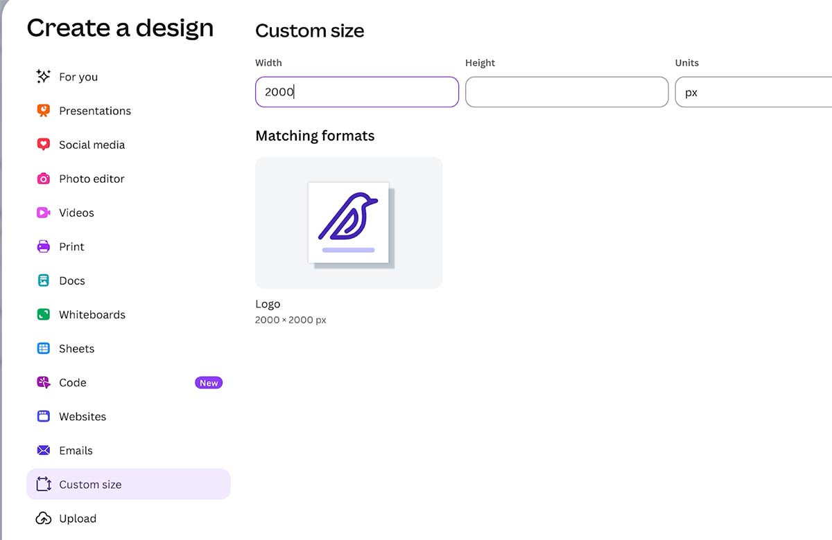 Create a custom size for your project